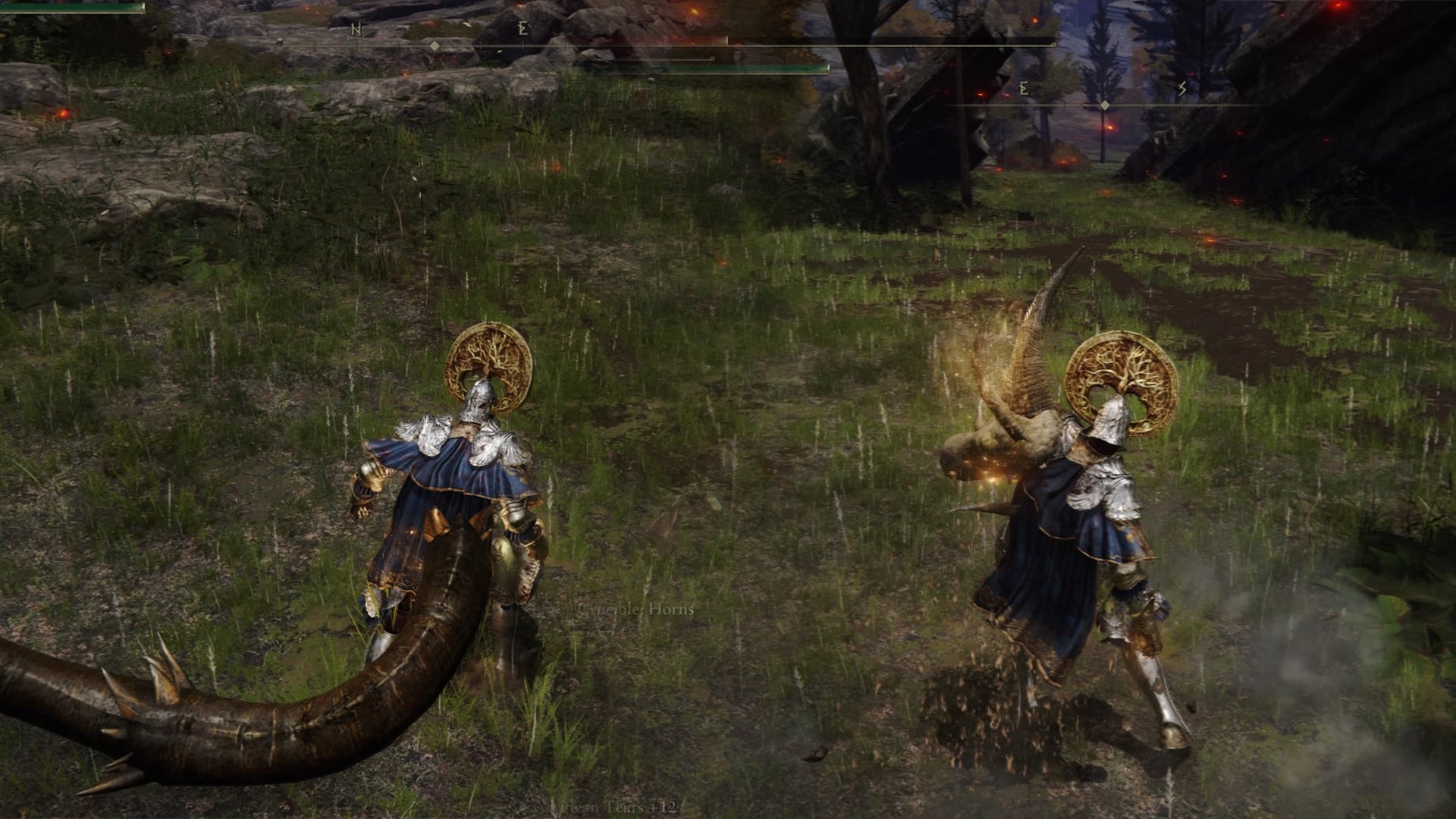 Side by Side Elden Ring screenshots of the Tarnished performing the Aspects of Crucible: Horn and Tail Incantations. - 8