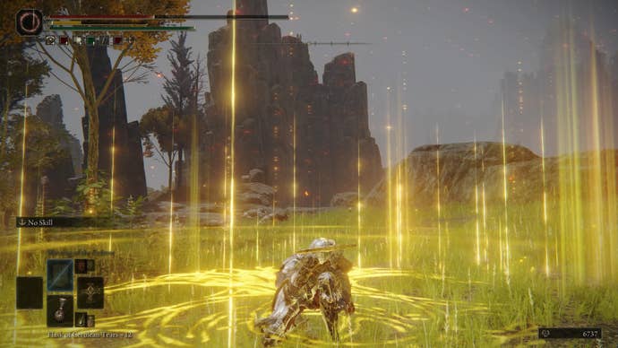 Elden Ring screenshot of the Tarnished atop a cliff, performing the Blessing of the Erdtree Incantation.
