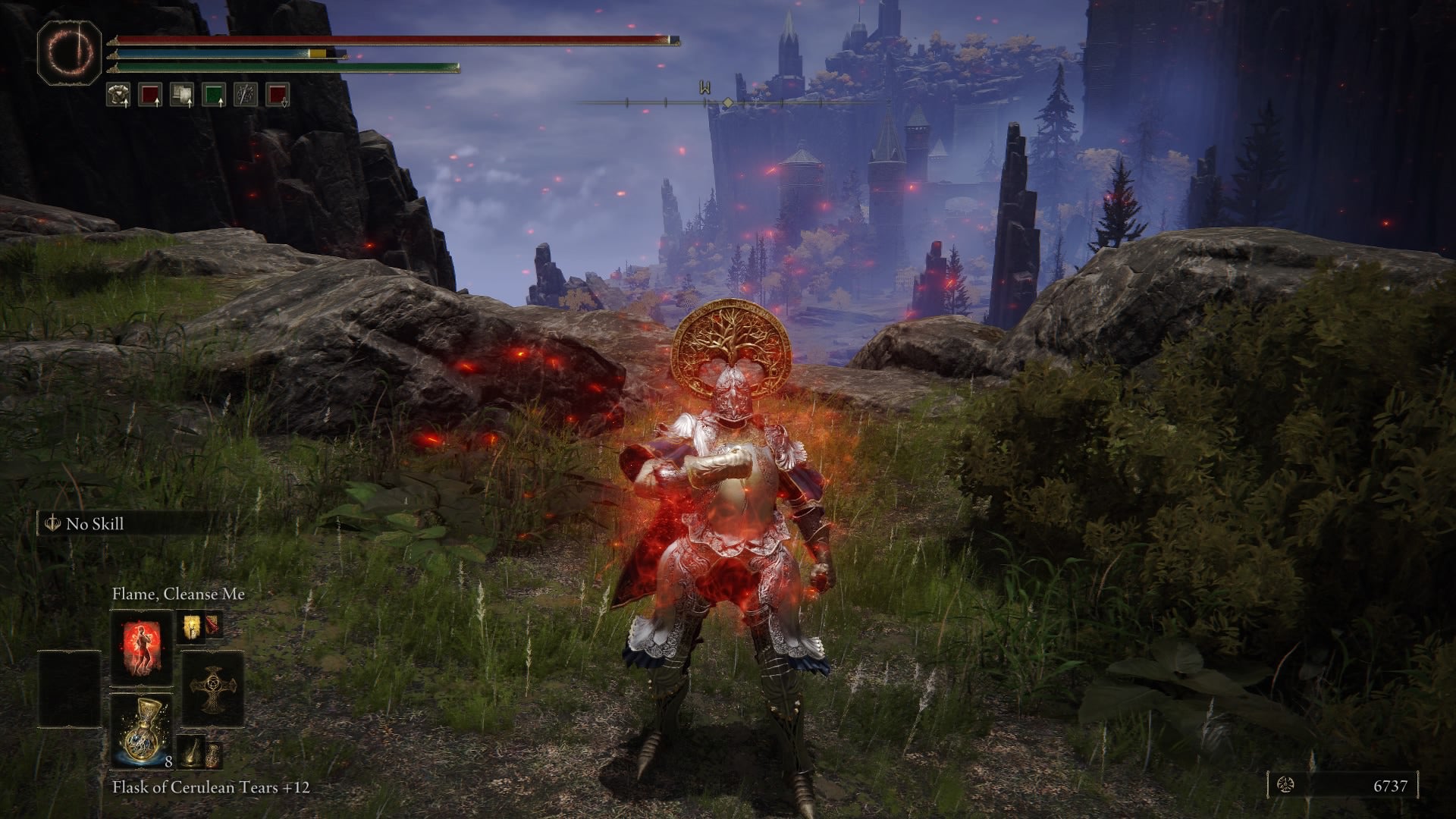 Elden Ring screenshot of the Tarnished atop a cliff, performing the Flame, Cleanse Me Incantation. - 5