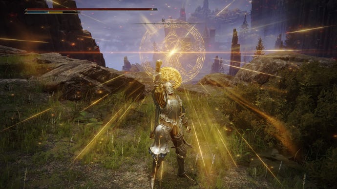 Elden Ring screenshot of the Tarnished atop a cliff, performing the Golden Vow Incantation.