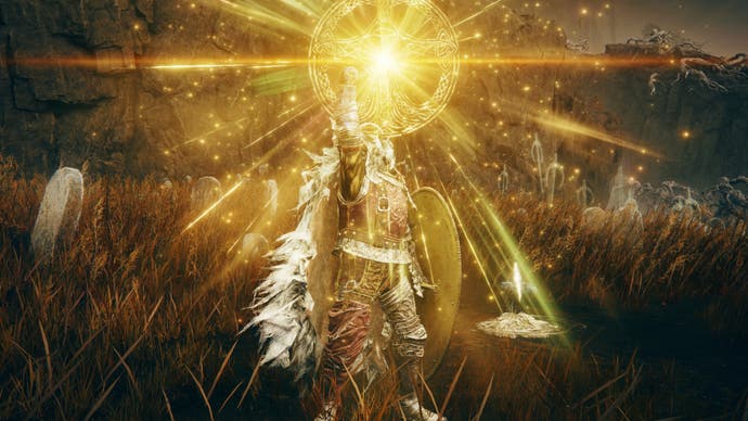 The player character lifts their arm to cast the Golden Vow incantation in Elden Ring