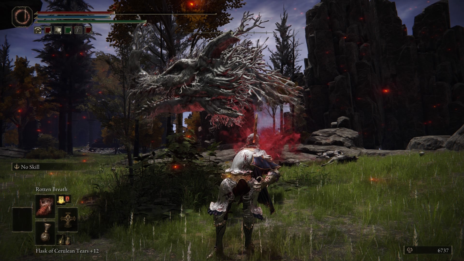 Elden Ring screenshot of the Tarnished atop a cliff, performing the Rotten Breath Incantation. - 4