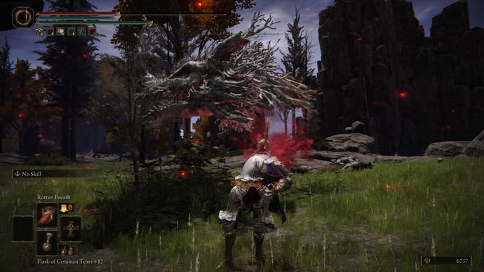 Elden Ring screenshot of the Tarnished atop a cliff, performing the Rotten Breath Incantation.