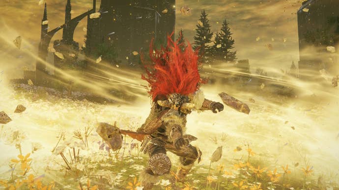 A warrior unleashes a yellow whirlwind incantation spell in Elden Ring Shadow of the Erdtree.