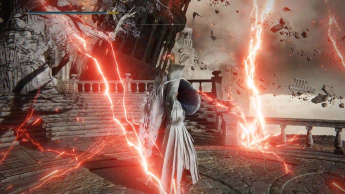 A spell caster uses the Ancient Dragons' Lightning Strike Incantation in Elden Ring.