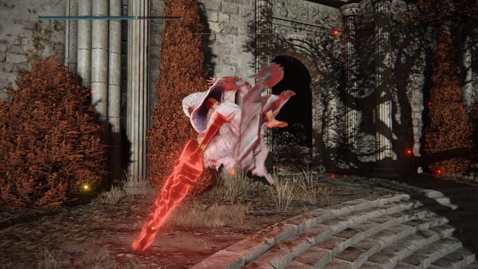 A spell caster uses the Black Blade Incantation in Elden Ring.