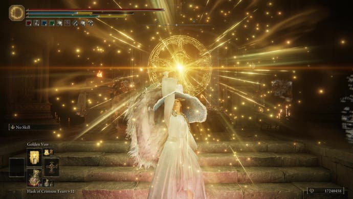 A spell caster uses the Golden Vow incantation in Elden Ring.