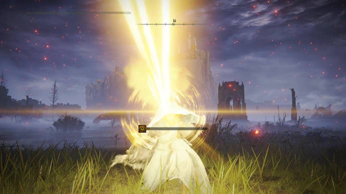 A spell caster uses the Frenzied Burst incantation in Elden Ring.