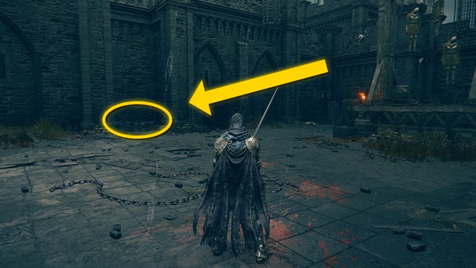 The player in Elden Ring: Shadow Of The Erdtree walks towards a hatch in the floor in the Fort Of Reprimand.