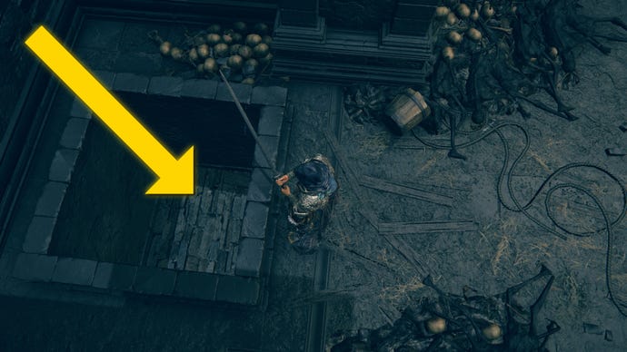 The player in Elden Ring: Shadow Of The Erdtree looks down a hatch in the floor of the Fort Of Reprimand.