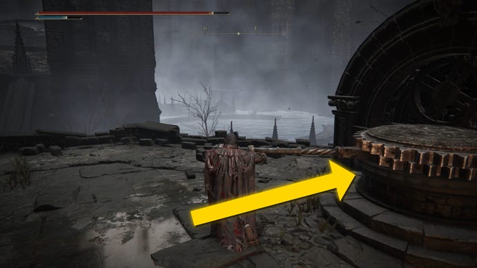 The player in Elden Ring: Shadow Of The Erdtree turns a wheel in the Church District of the Shadow Keep.
