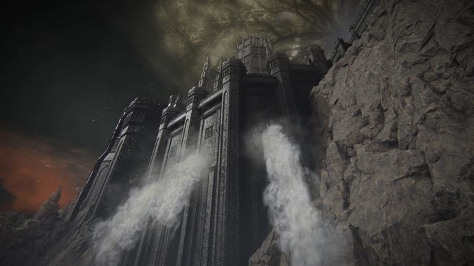 A shot of water surging out of two holes in the walls of the Shadow Keep in Elden Ring: Shadow Of The Erdtree.