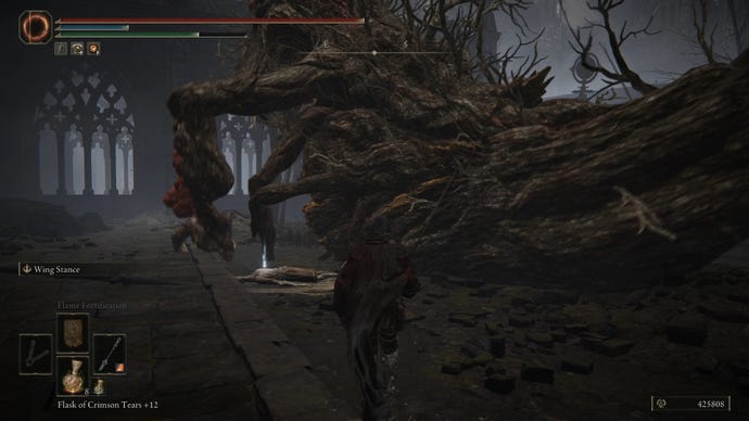 The player in Elden Ring: Shadow Of The Erdtree fights an Ulcerated Tree Spirit in the Shadow Keep Church District.