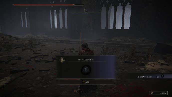 The player in Elden Ring: Shadow Of The Erdtree loots an Iris Of Occultation from a defeated boss in Shadow Keep Church District.