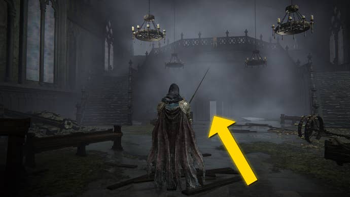 The player in Elden Ring: Shadow Of The Erdtree walks through the Sunken Chapel in the Shadow Keep Church District.