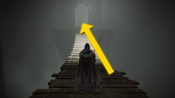 The player in Elden Ring: Shadow Of The Erdtree crosses an underground wooden bridge below the Shadow Keep.