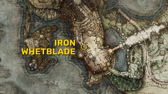 Part of the Elden Ring map, with the location of the Iron Whetblade marked with a yellow circle.