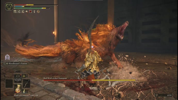 The player character fighting the Red Wolf of the Champion, a boss in Elden Ring that resembles a giant wolf, with long red fur