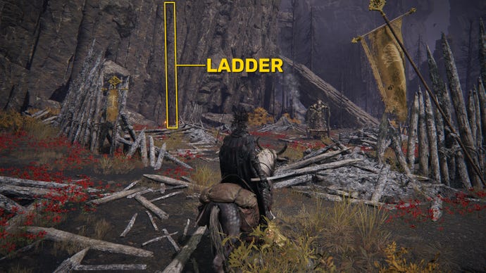 The player in Elden Ring rides on horseback towards a campsite in Mount Gelmir. A ladder on the cliff wall nearby is highlighted in yellow.