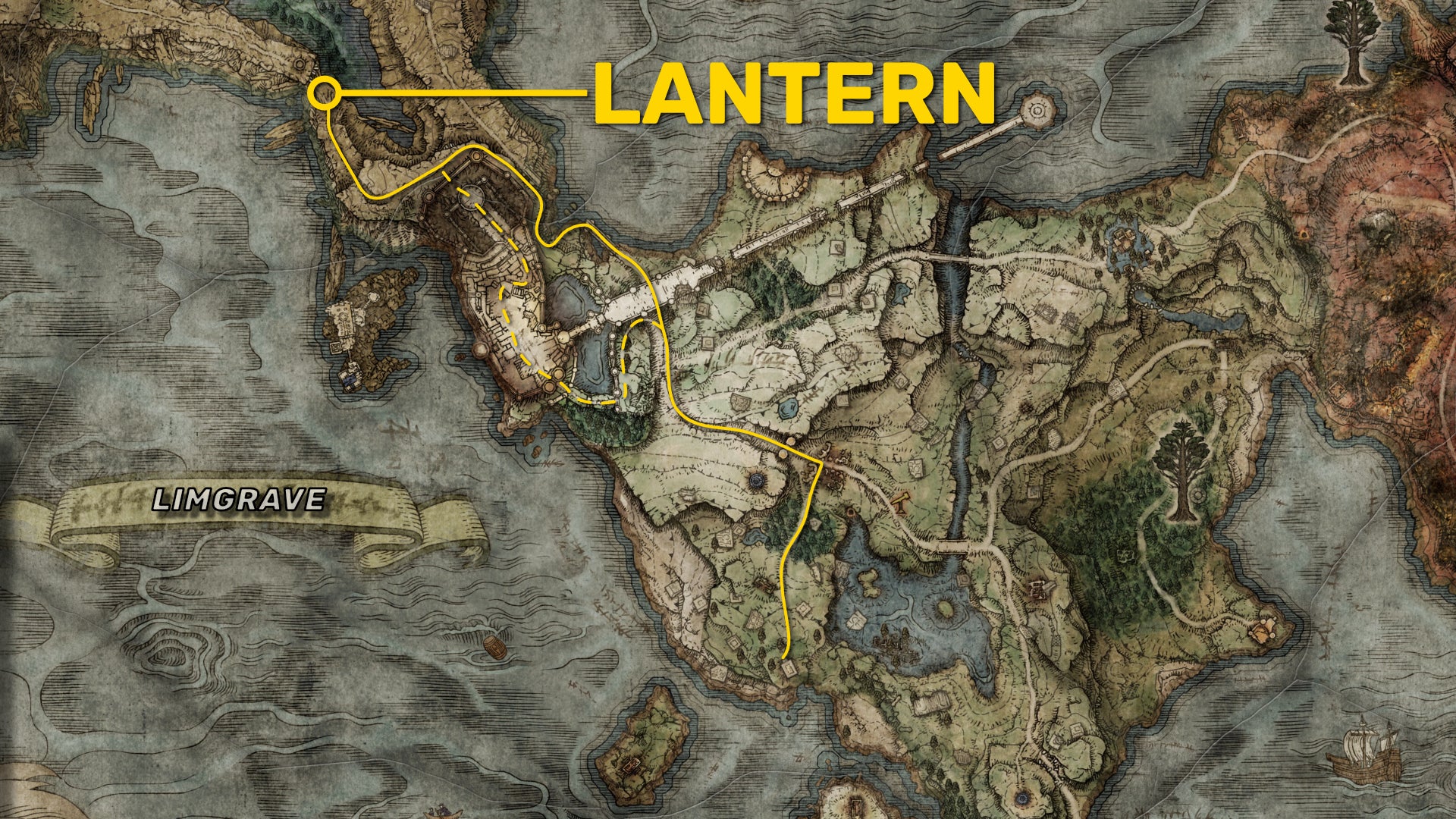 A map of Limgrave and Liurnia in Elden Ring, with the location of the Lantern merchant in Liurnia highlighted. - 4