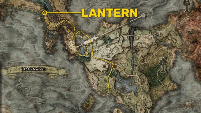 A map of Limgrave and Liurnia in Elden Ring, with the location of the Lantern merchant in Liurnia highlighted.