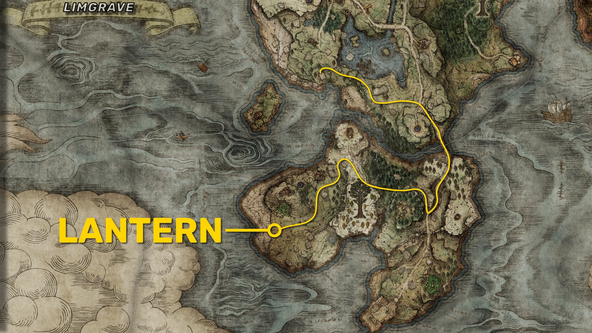 A map of Limgrave and the Weeping Peninsula in Elden Ring, with the location of the Lantern merchant in the Weeping Peninsula highlighted. - 3