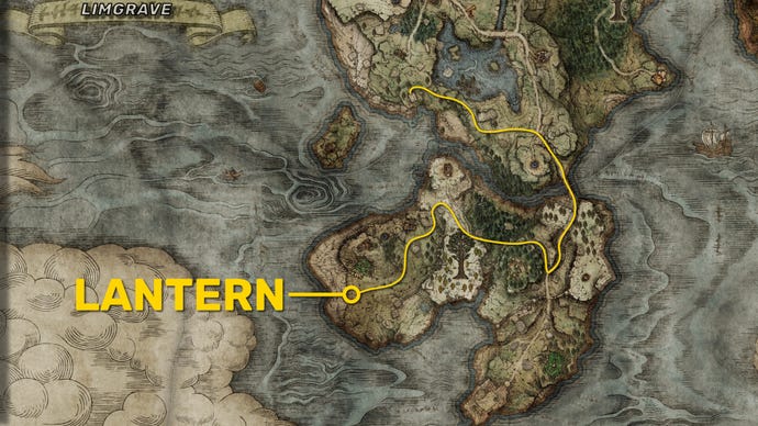 A map of Limgrave and the Weeping Peninsula in Elden Ring, with the location of the Lantern merchant in the Weeping Peninsula highlighted.