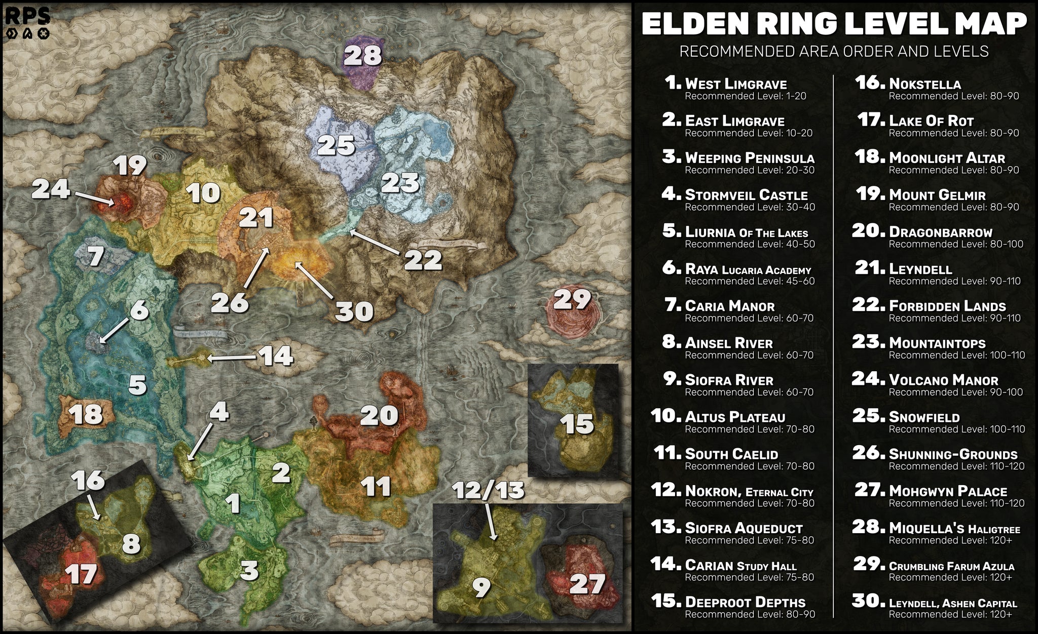 A level map of The Lands Between in Elden Ring, with each area marked with its recommended level and order. - 3