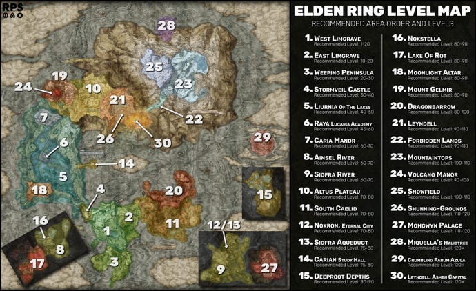 A level map of The Lands Between in Elden Ring, with each area marked with its recommended level and order.