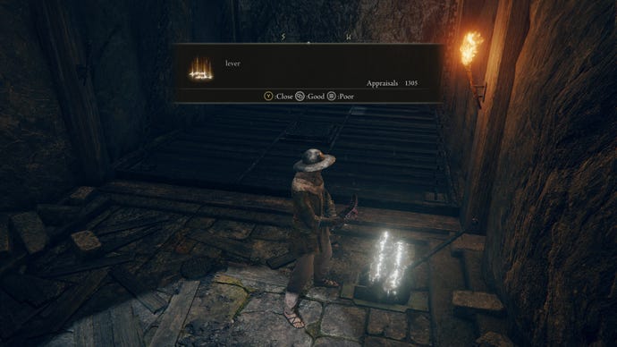 An Elden Ring players reads the message “lever” next to a lever.