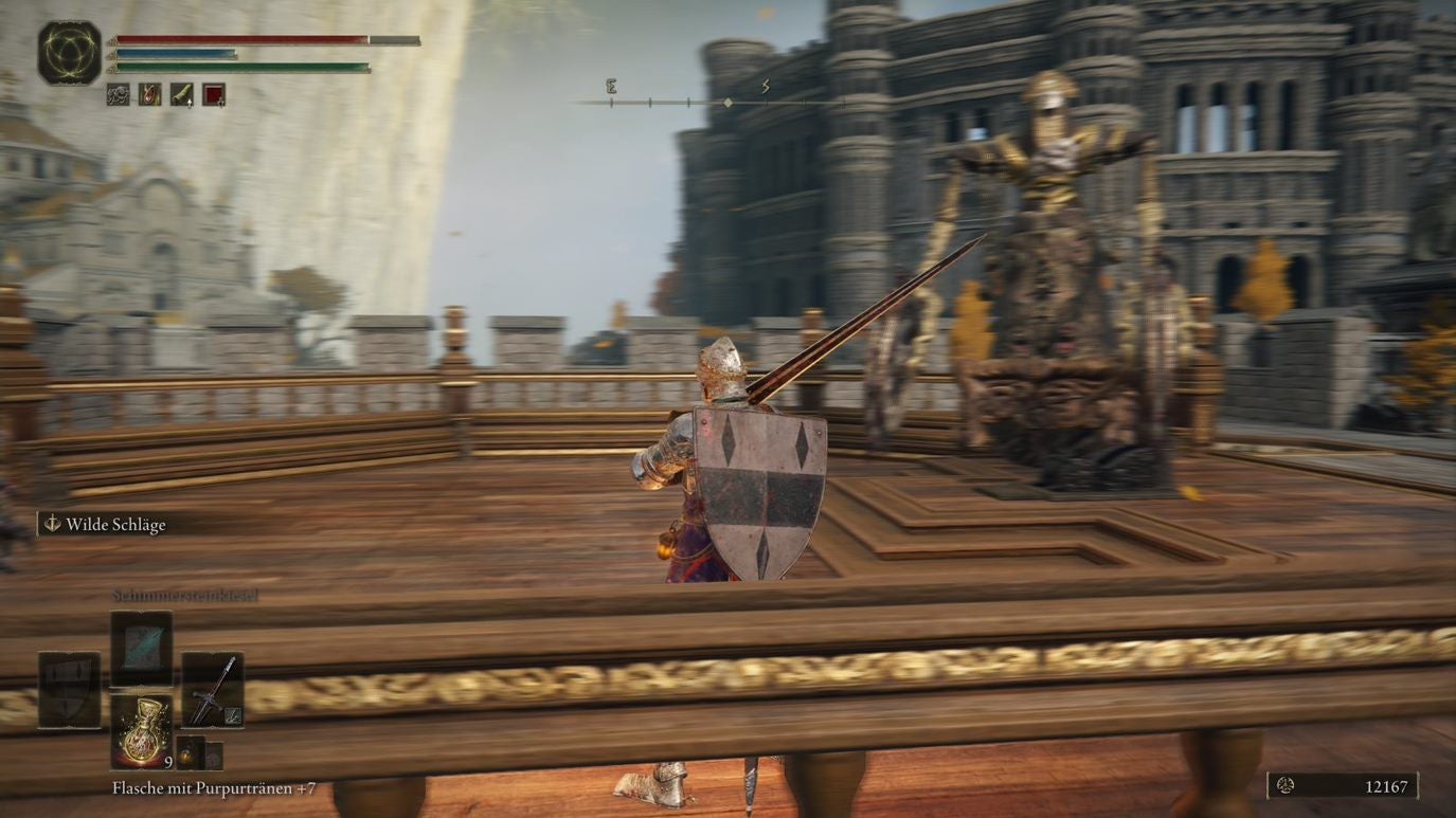 A warrior fights a large mechanical enemy in Leyndell Royal Capital in Elden Ring.