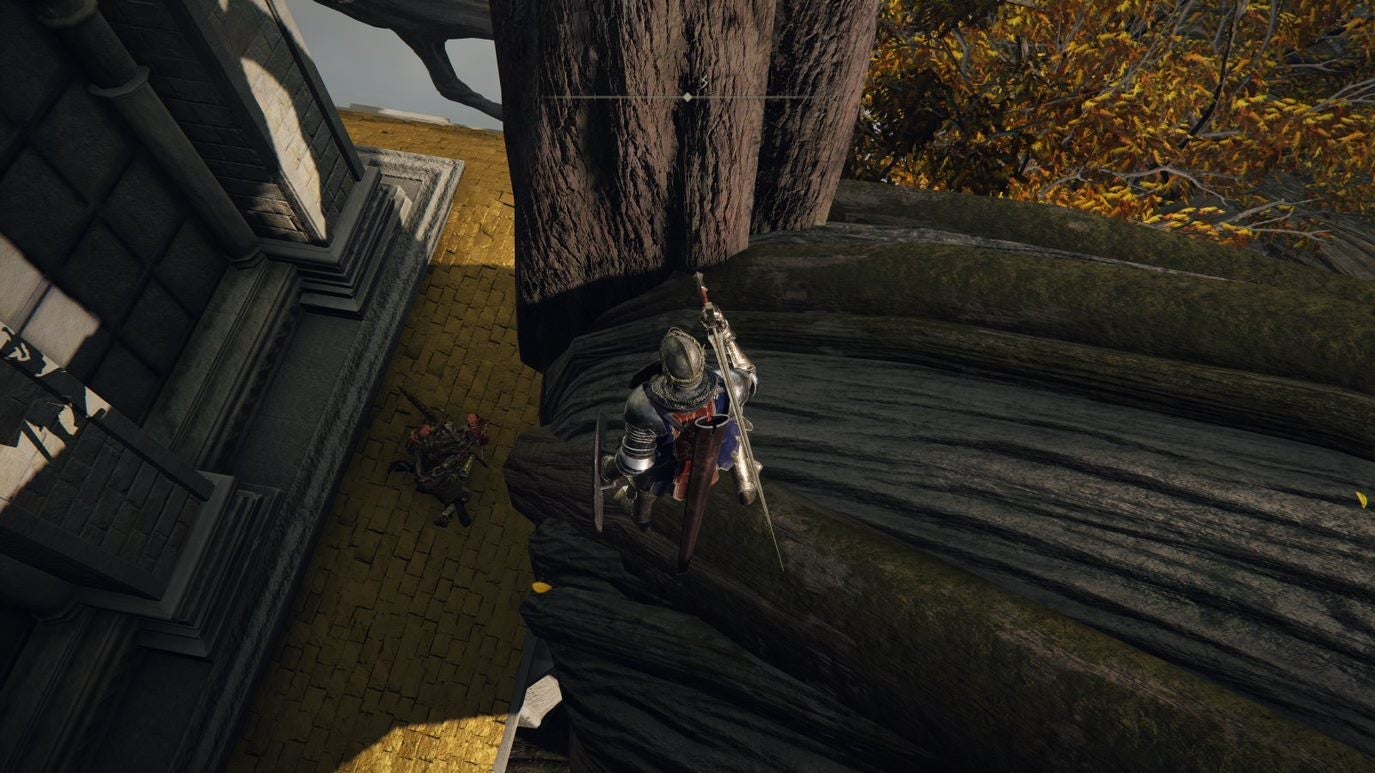 A warrior prepares to drop down a large tree root in Leyndell Royal Capital in Elden Ring.