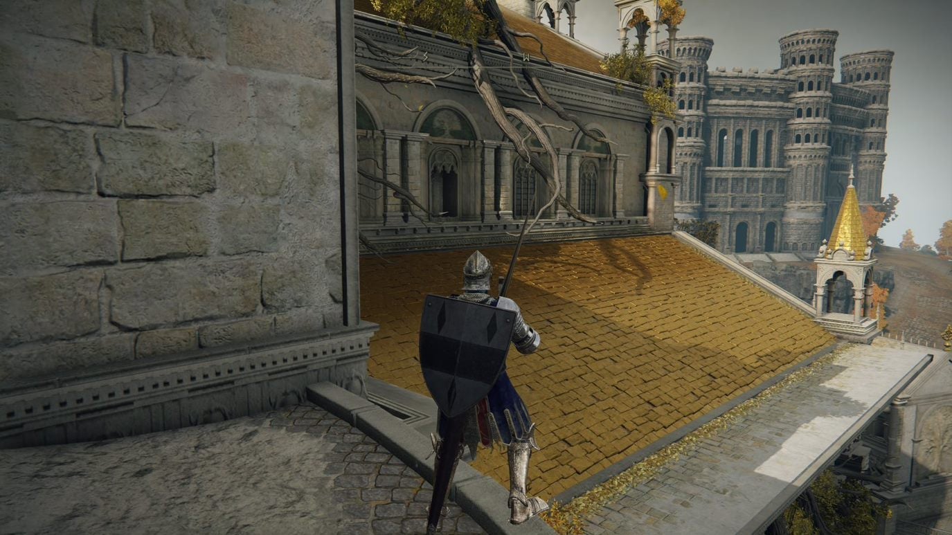 A warrior steps out onto a rooftop in Leyndell Royal Capital in Elden Ring.