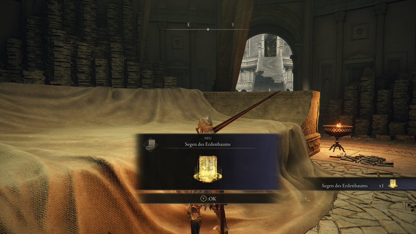 A warrior obtains an incantation spell Blessing of the Erdtree in Leyndell Royal Capital in Elden Ring.