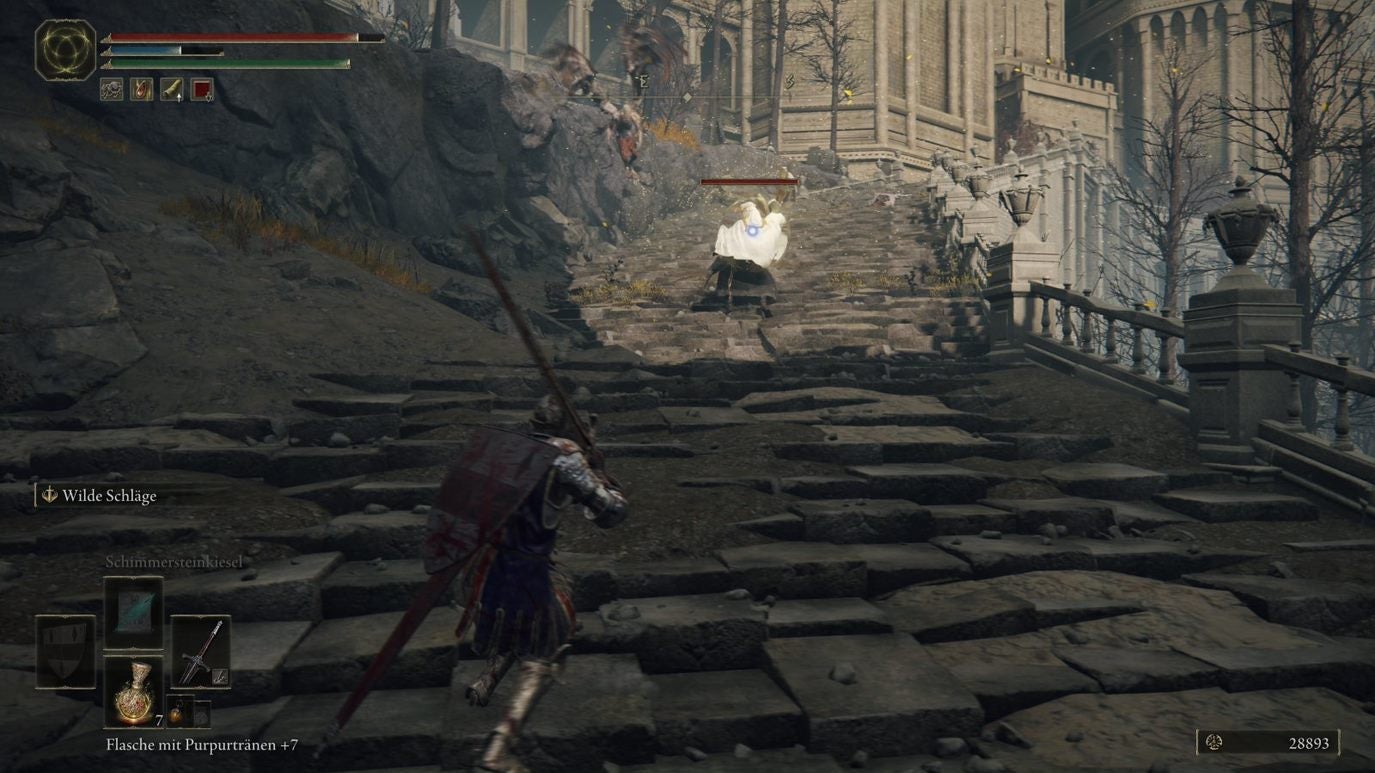 A warrior approaches some Perfumer enemies on a slope leading upwards in Leyndell, Royal Capital in Elden Ring.