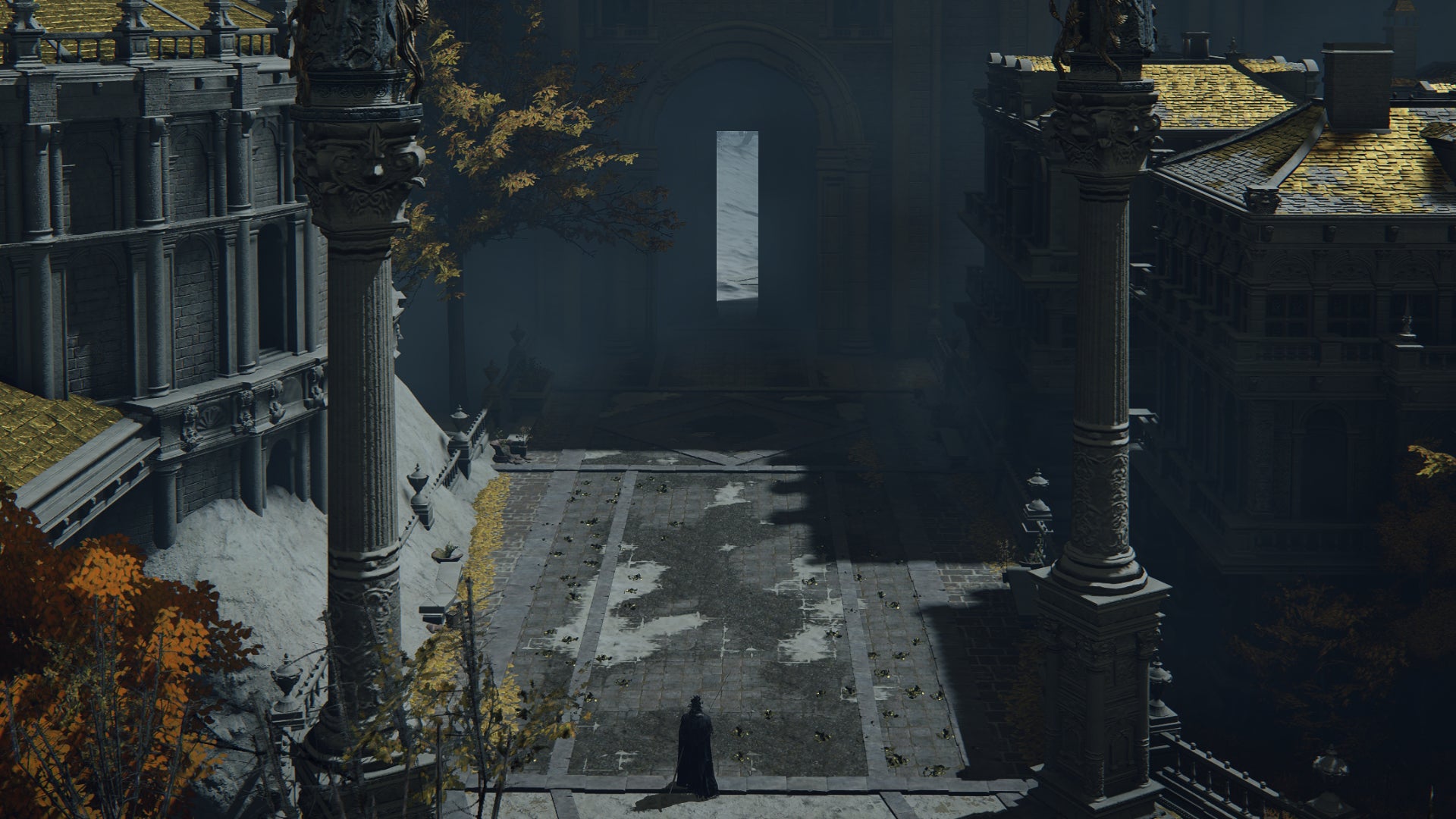 The player in Elden Ring stands in front of an open double doorway at the end of the main road in Leyndell. - 8