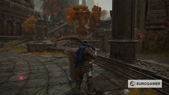 An Elden Ring character standing by the location of the Leyndell, Royal Capital map fragment.