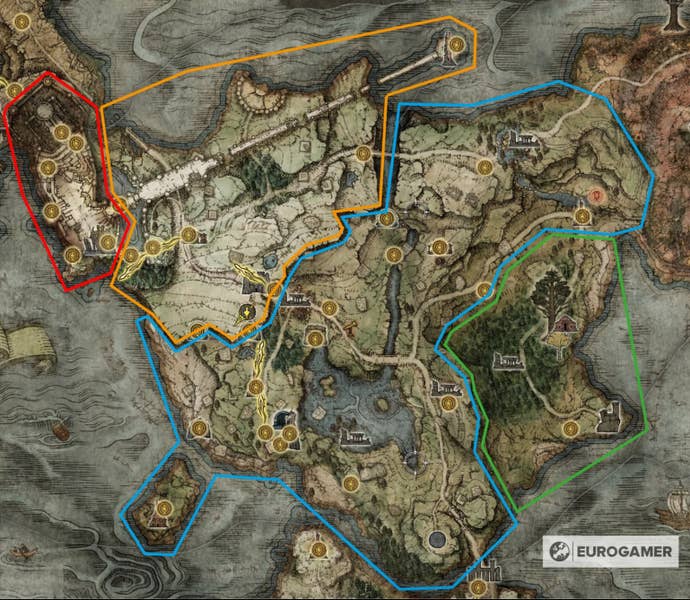 Map showing the Limgrave starting area in Elden Ring, with the different regions highlighted.