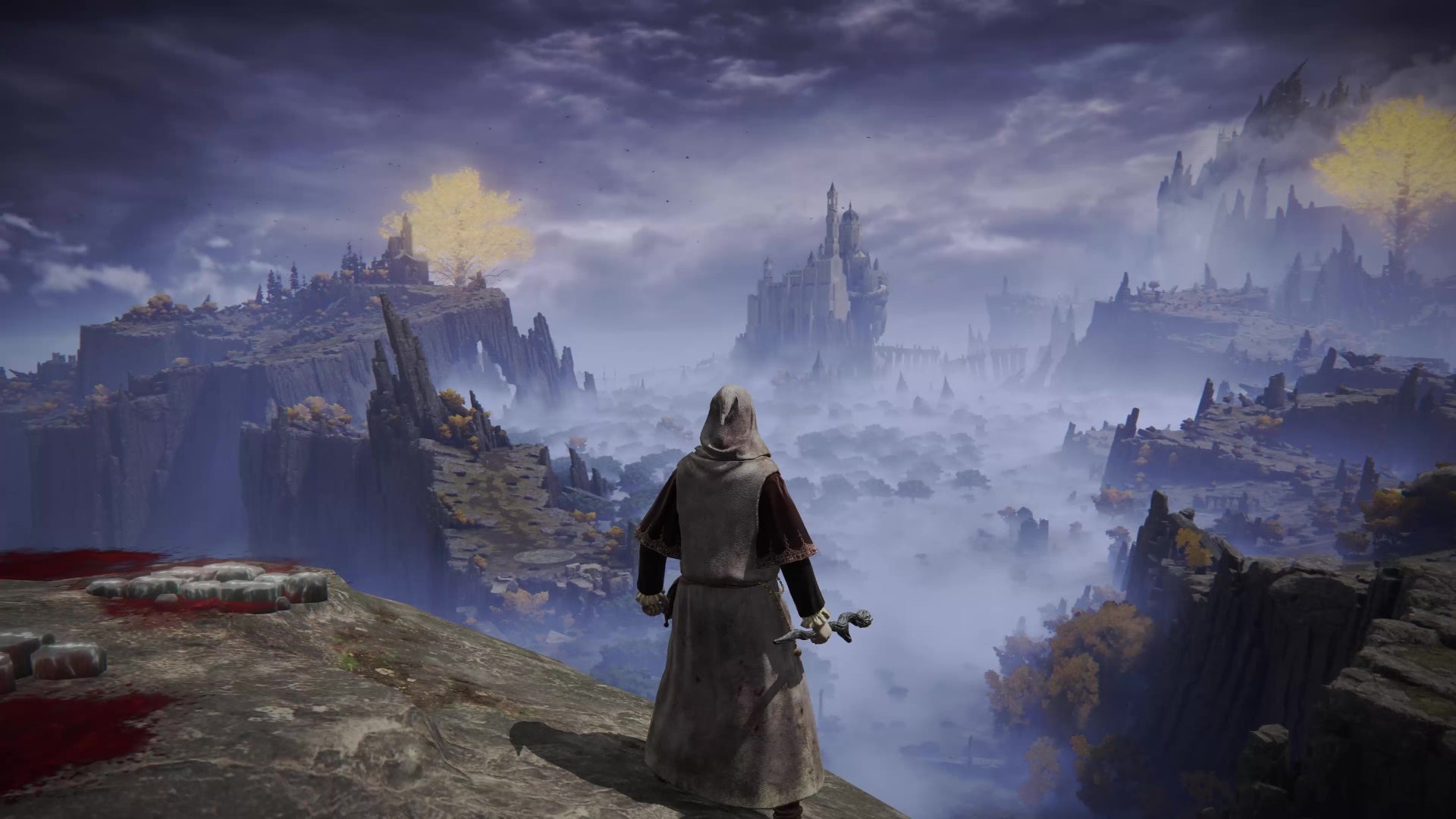 A screenshot from Elden Ring which shows the player look over a vista of Liurnia, and beyond. - 1
