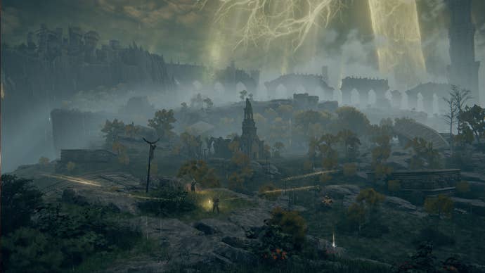 An establishing shot of Limgrave, the starting region of Elden Ring.