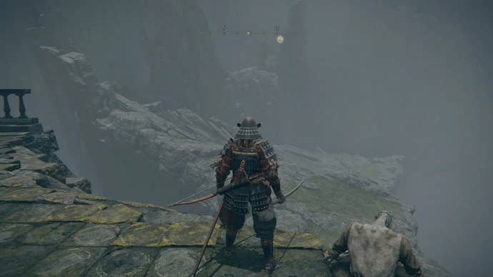 An Elden Ring character standing on a broken bridge, that leads to an alternate route into Liurnia.