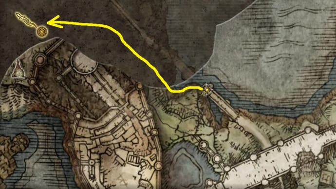An Elden Ring map showing the hidden path players can take to get to Liurnia of the Lakes.