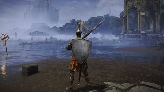 An Elden Ring character stands in the Liurnia of the Lakes region.