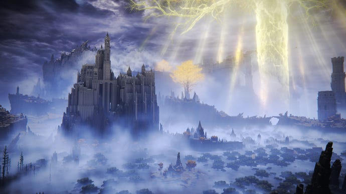 An establishing shot of the Liurnia Of The Lakes region in Elden Ring, with the Academy Of Raya Lucaria and the Erdtree in the background.