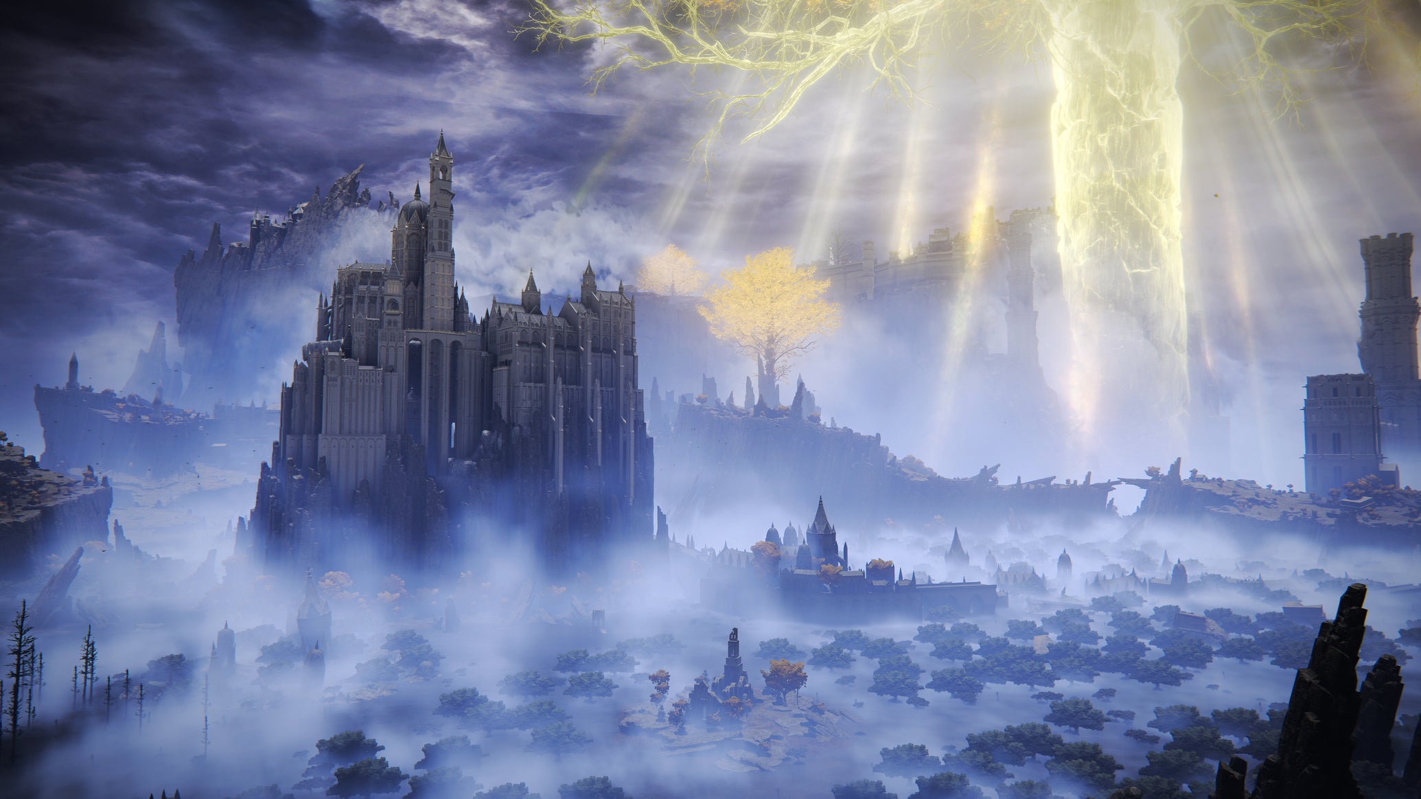 An establishing shot of the Liurnia Of The Lakes region in Elden Ring, with the Academy Of Raya Lucaria and the Erdtree in the background. - 1