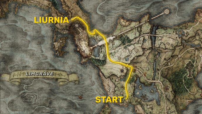 Parte del mapa de Elden Ring que muestra Limgrave y Liurnia, con el camino más rápido a Liurnia desde el principio resaltado en amarillo.