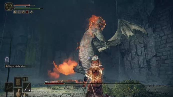 Elden Ring player heals while Magma Wyrm Makar charges up its flame attack