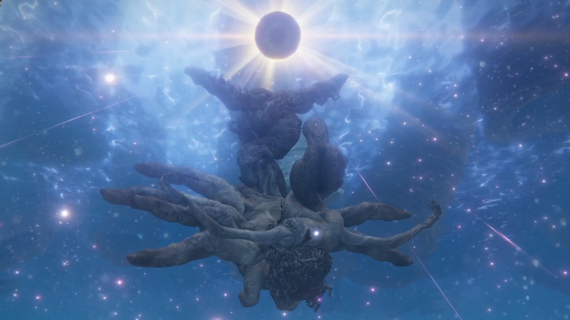 Metyr, Mother Of Fingers, a main boss in Elden Ring: Shadow Of The Erdtree DLC, ignites a singularity on their tail and raises high into the air. - 9