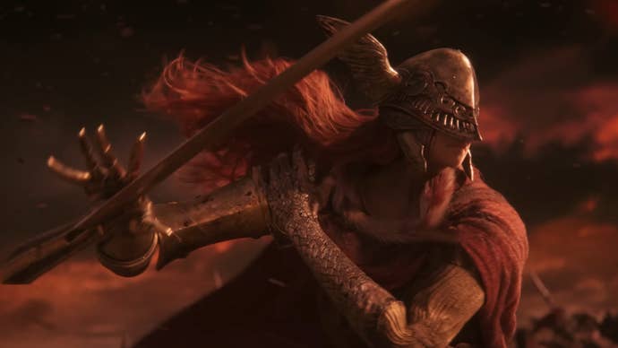 A close-up of Malenia wielding her katana while she fights Radahn in the Elden Ring story trailer.