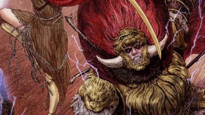 A manga drawing of Elden Ring’s Radahn fighting Malenia.